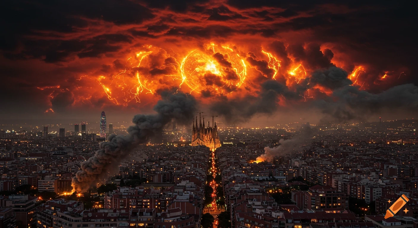 Photorealistic nighttime aerial view of Barcelona under a dramatic, fiery solar storm with smoke rising from the city.