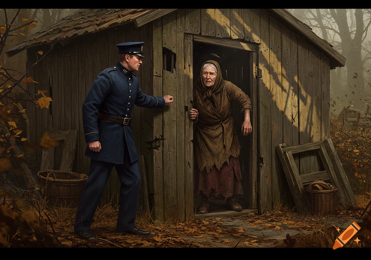 A policeman in a blue uniform stands at a wooden shed door, while an old woman fearfully peers out.