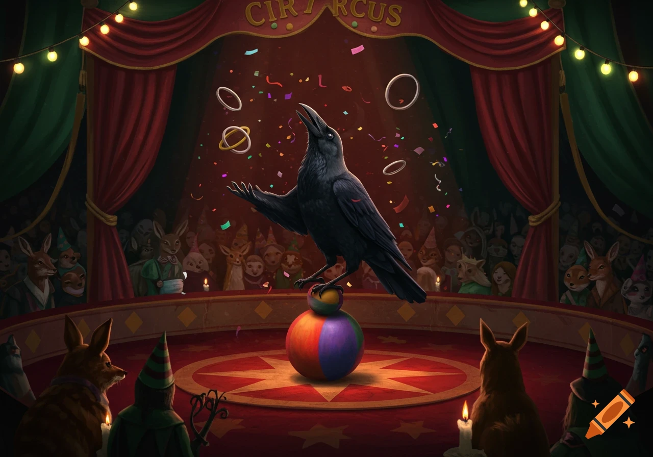 A black crow juggles rings and confetti while balancing on a colorful ball on a circus stage, with an audience of anthropomorphic animals in an illustrated style.