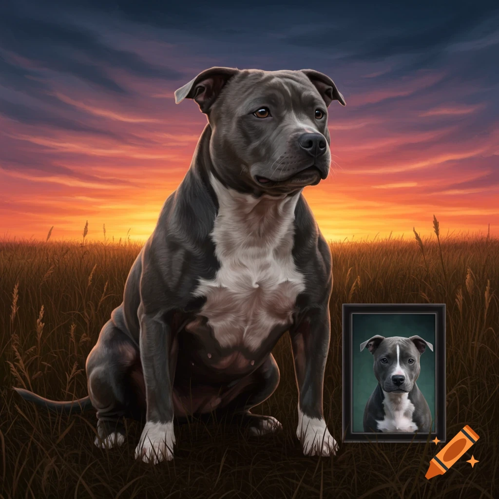 A muscular gray and white Staff dog sits in a field at sunset, next to a framed photo of a puppy, digital painting.