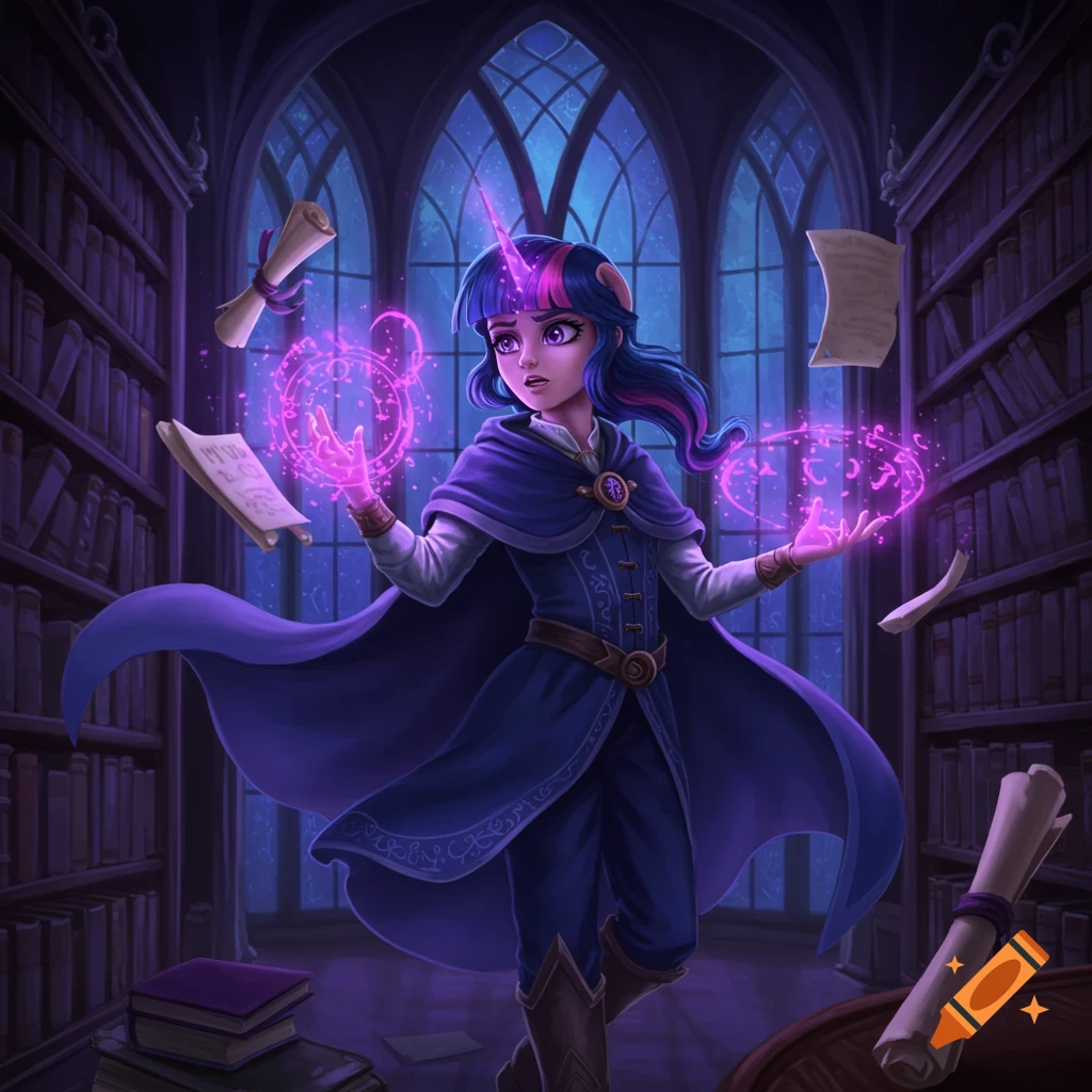 Human Twilight Sparkle, a wizard, casts a purple spell in a dimly lit library with glowing runes and floating scrolls.