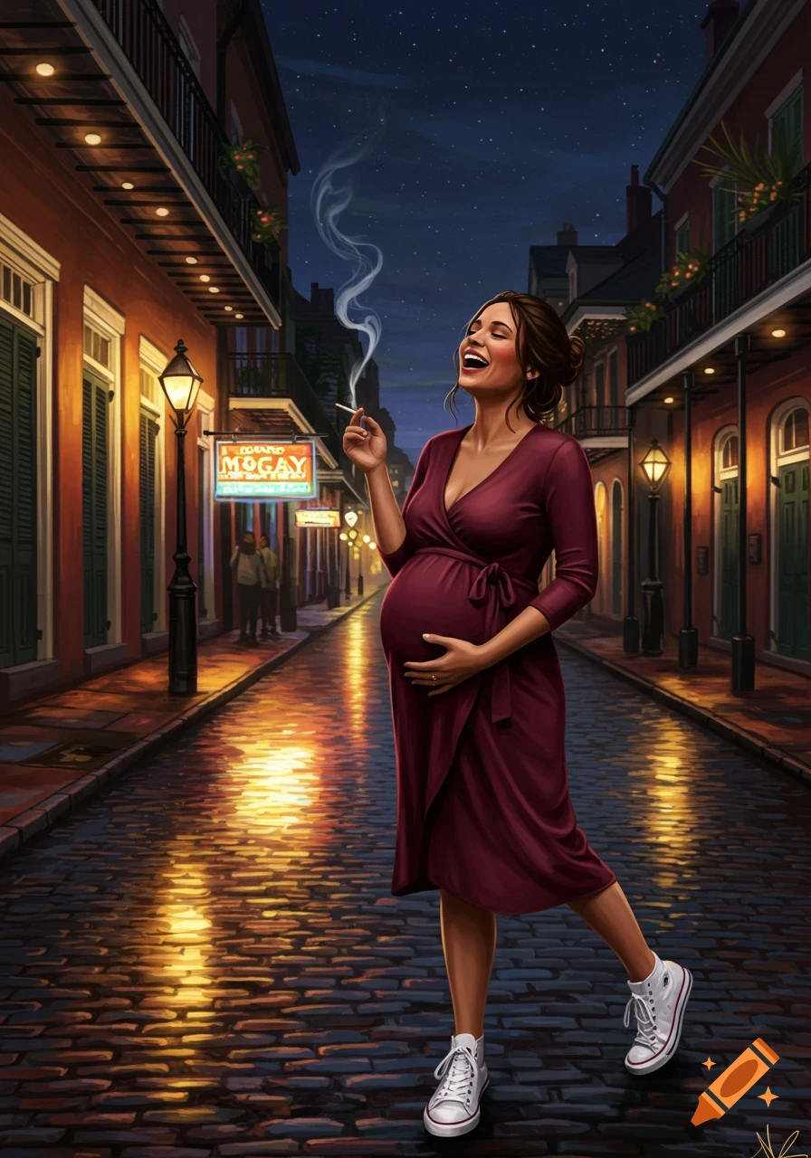 Digital painting of a pregnant woman in a burgundy dress and white sneakers smoking a cigarette on a lively, rainy Bourbon Street at night.
