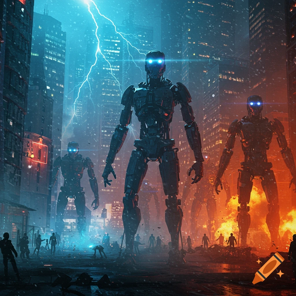 Giant dark robots with glowing blue eyes stand in a futuristic, storm-lit city with small human figures below, in a dystopian digital art style.
