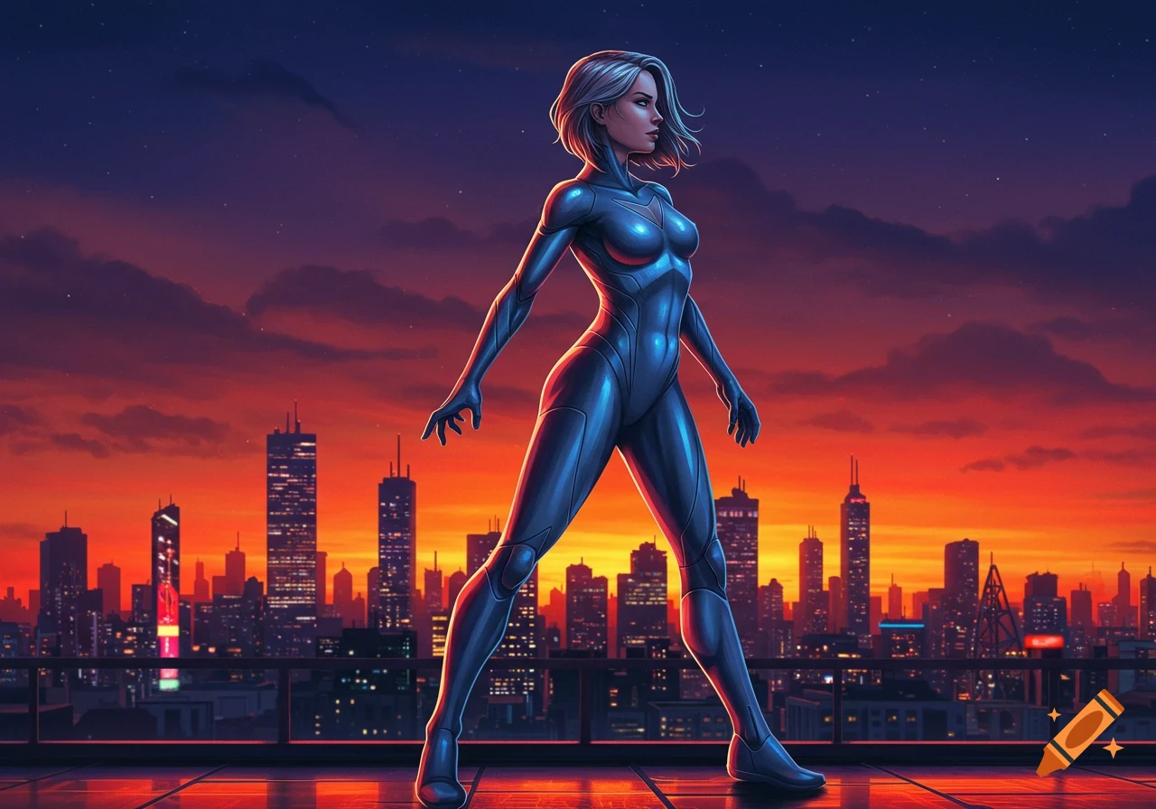A female superhero in a dark blue suit stands on a rooftop against a vibrant sunset city skyline, digital art.