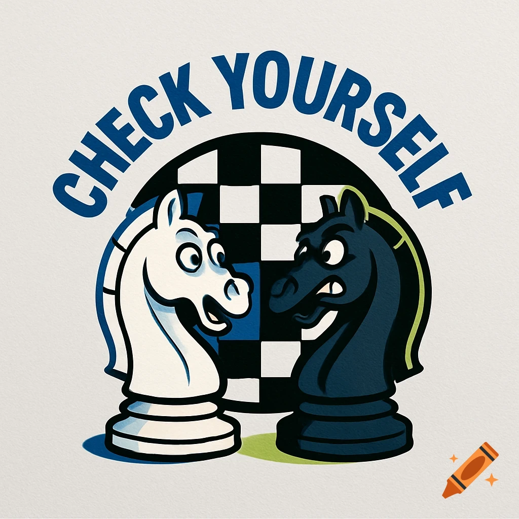 A white cartoon chess knight smiles at a scowling black knight, with 'CHECK YOURSELF' above a chessboard pattern.