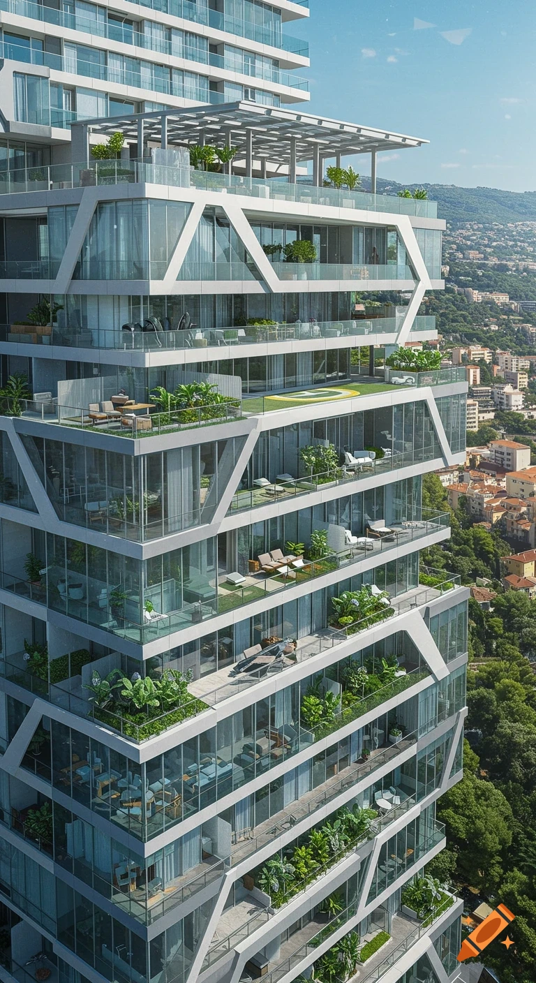 Photorealistic image of a tall, modern apartment complex with extensive glass facades, balconies with greenery, and a rooftop helipad, overlooking a city and mountains.