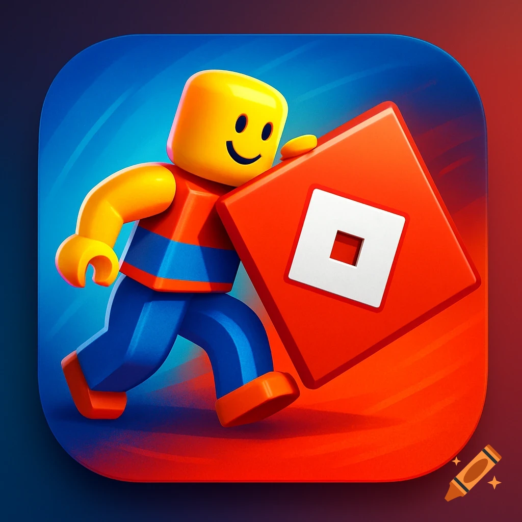 A stylized Roblox-like character with a big smile runs while holding a large red Roblox logo, designed as an app icon.