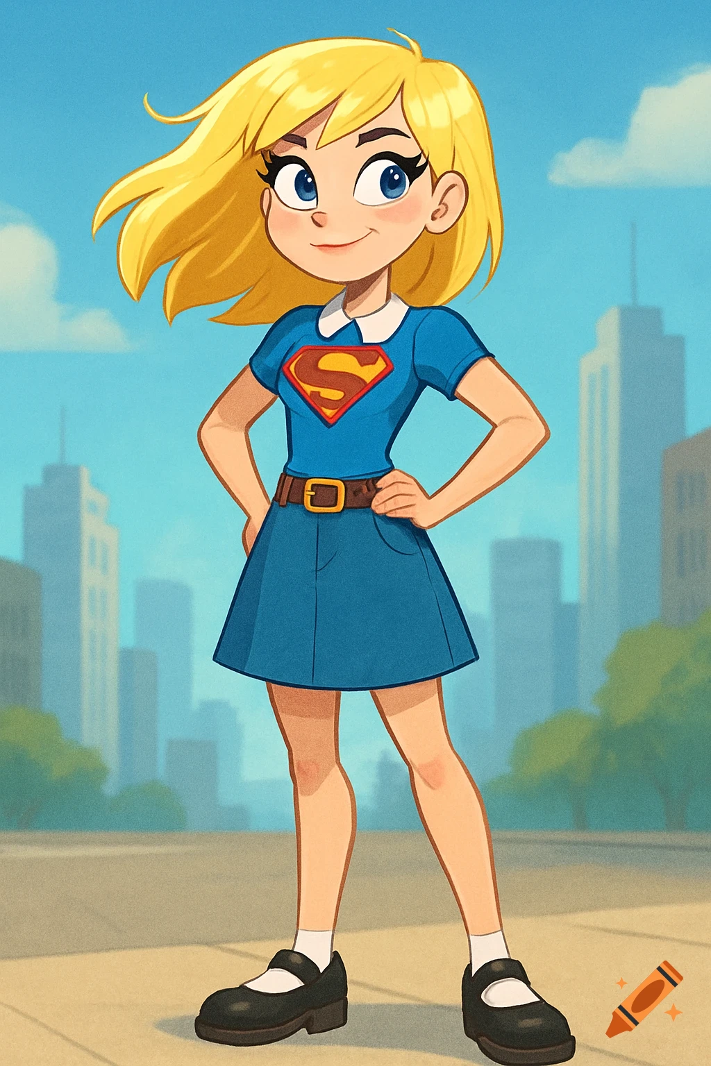 Animated Supergirl (Kara Danvers) with blonde hair, blue S-logo shirt, blue skirt, and black Mary Jane shoes, standing in a city.