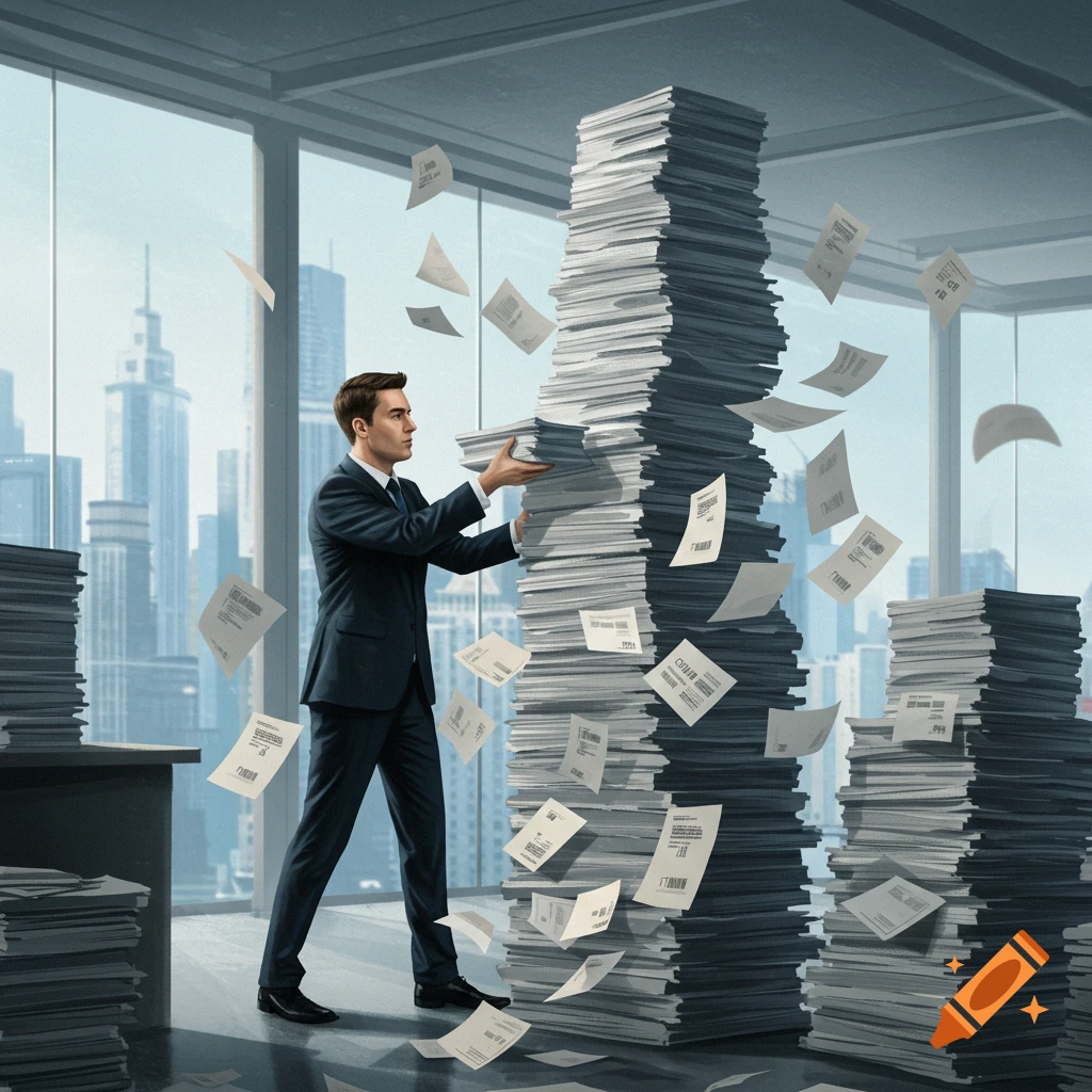 A businessman in an office struggles to balance a towering stack of papers, with many falling around him, against a city skyline.