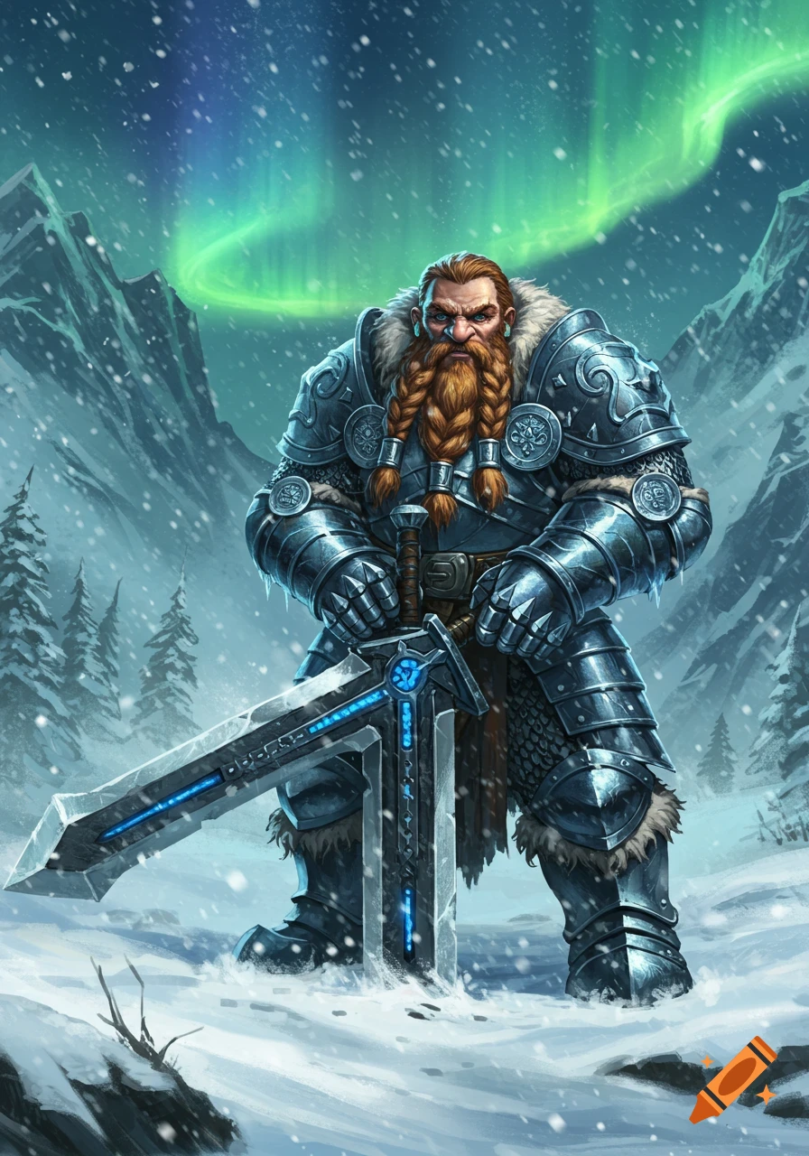A heavily armored dwarf with a braided beard stands in a snowy mountain landscape under the Northern Lights, holding a giant glowing sword.