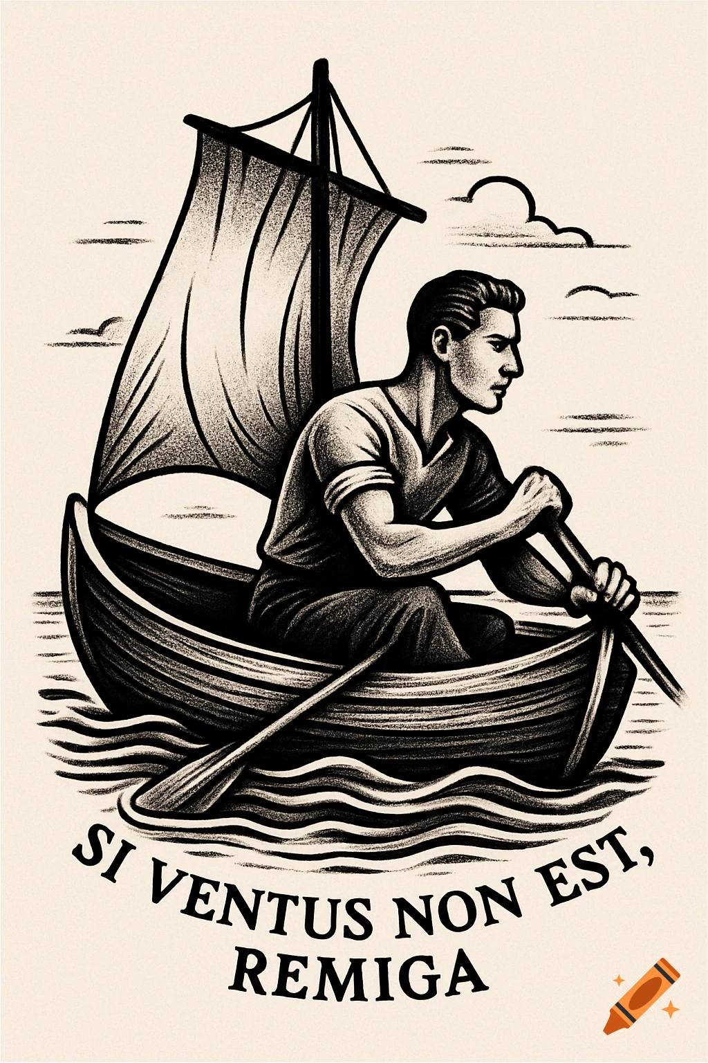 Black and white neo-traditional tattoo style illustration of a man rowing a boat with a sail. Text reads 'SI VENTUS NON EST, REMIGA'.