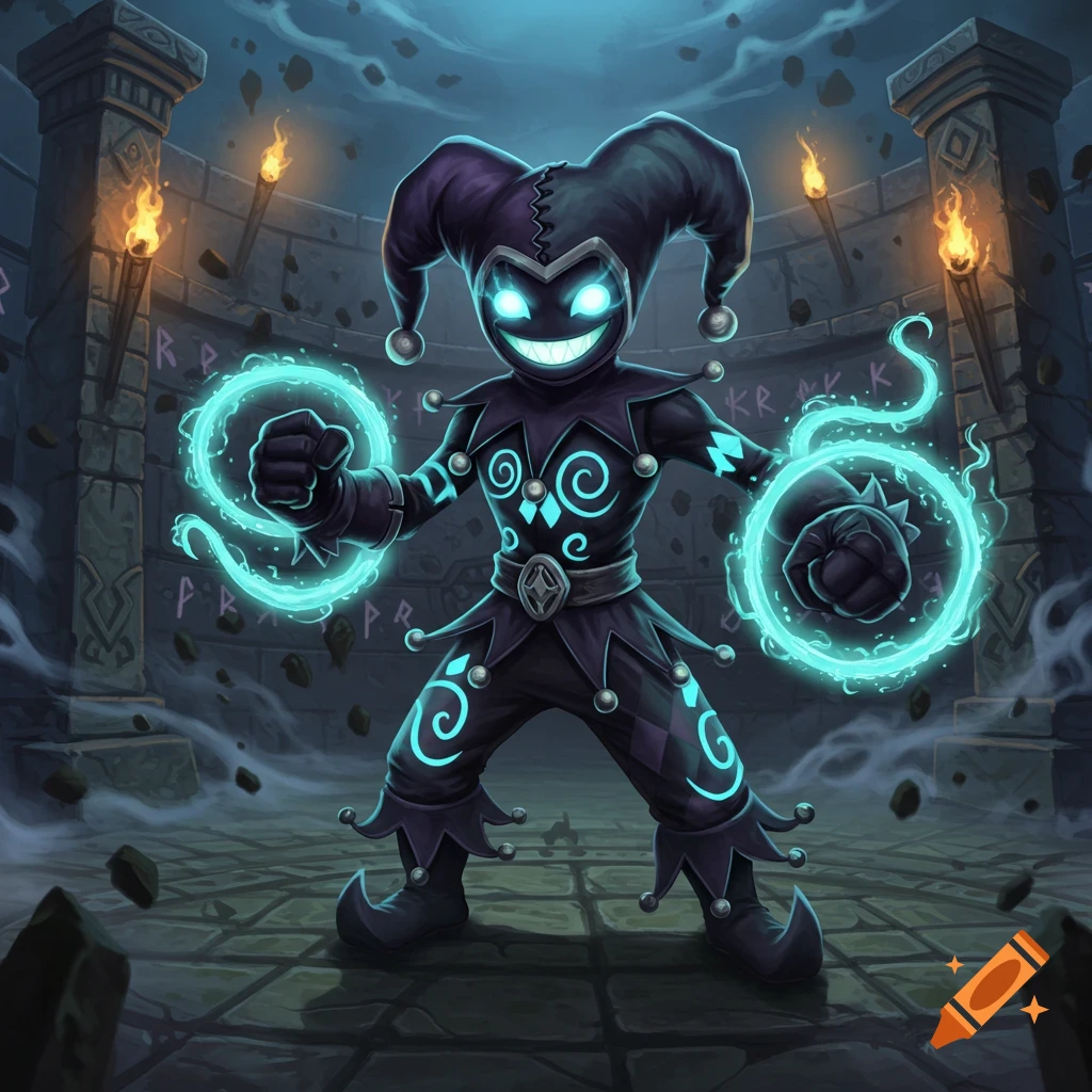 A grinning dark jester with glowing eyes, wearing a black suit with turquoise spirals, holding two glowing magic rings in a rune-covered arena.
