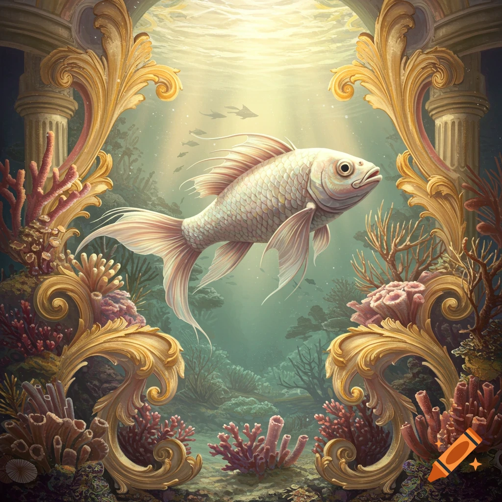 A large white fish swims in an ornate rococo-style underwater scene with coral and golden frames.