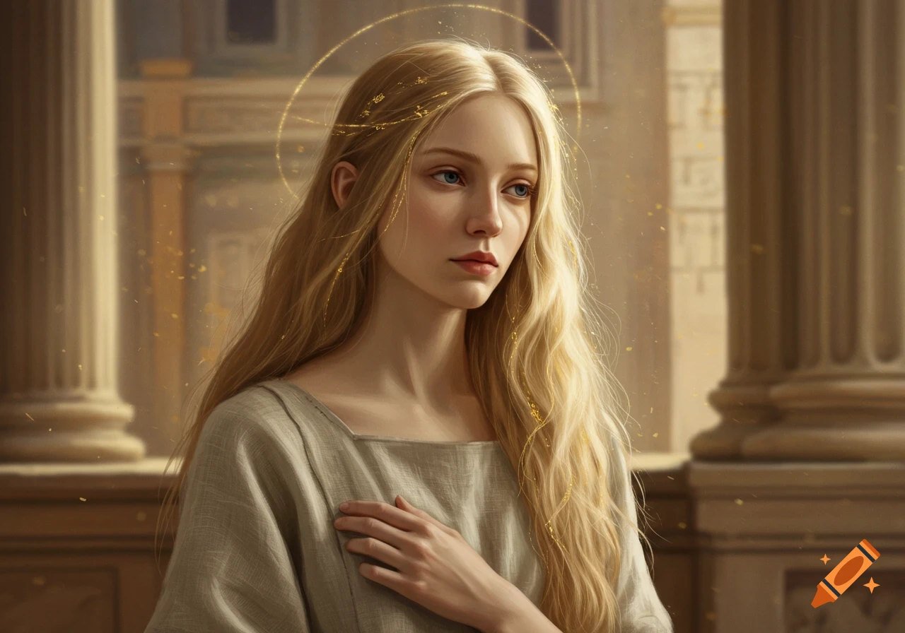 A serene blonde woman with a golden halo and flowing hair, wearing humble linen, in a classical oil painting style.