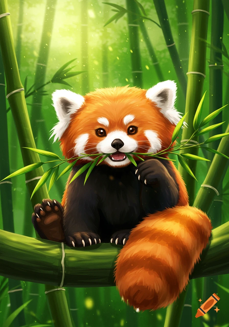 Cute illustrated red panda sitting on a bamboo branch, holding and eating bamboo leaves in a vibrant green forest.