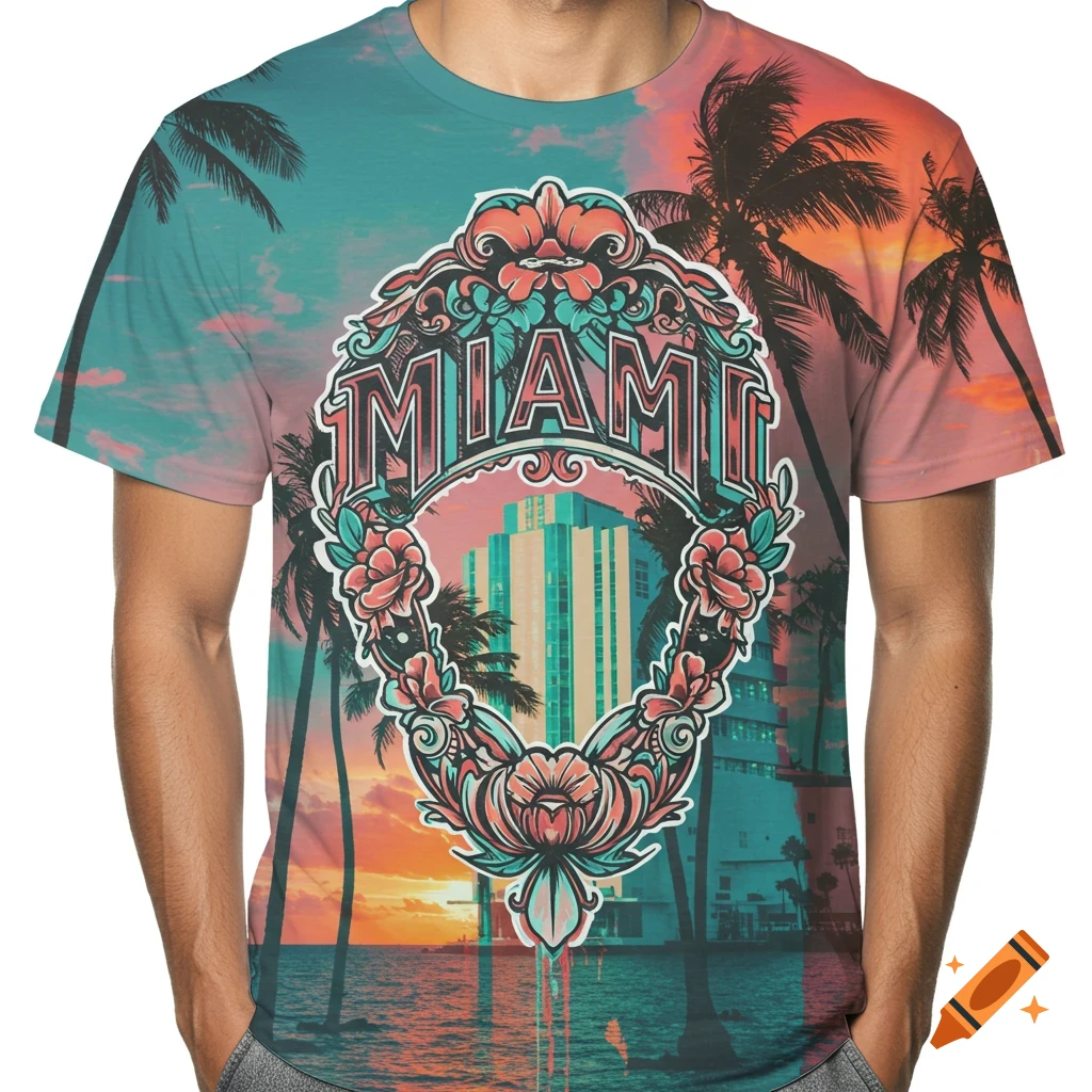 Person in a vibrant graphic t-shirt featuring 'MIAMI' text within an ornate frame, overlaid on a tropical sunset beach scene with palm trees and an Art Deco building.