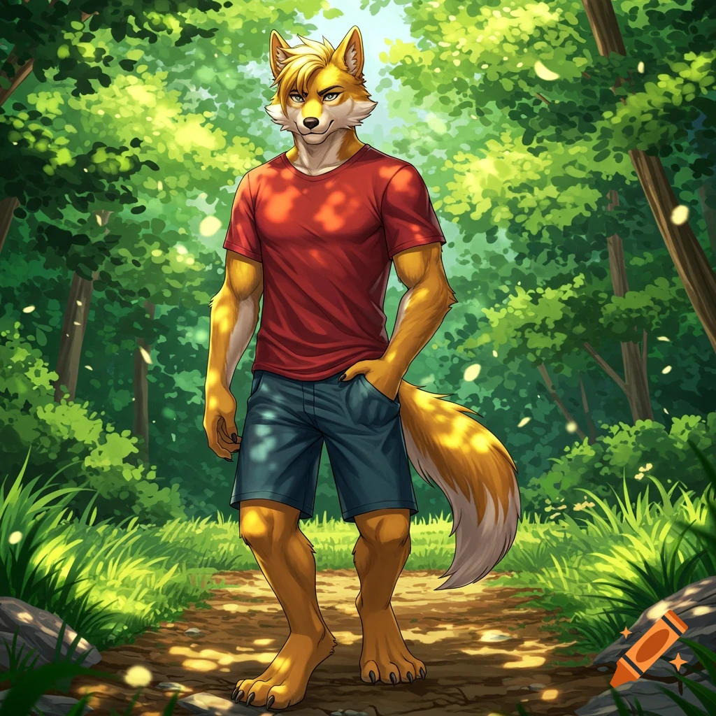 An anime-style male anthropomorphic fox in a red t-shirt and blue shorts stands on a sunny forest path.