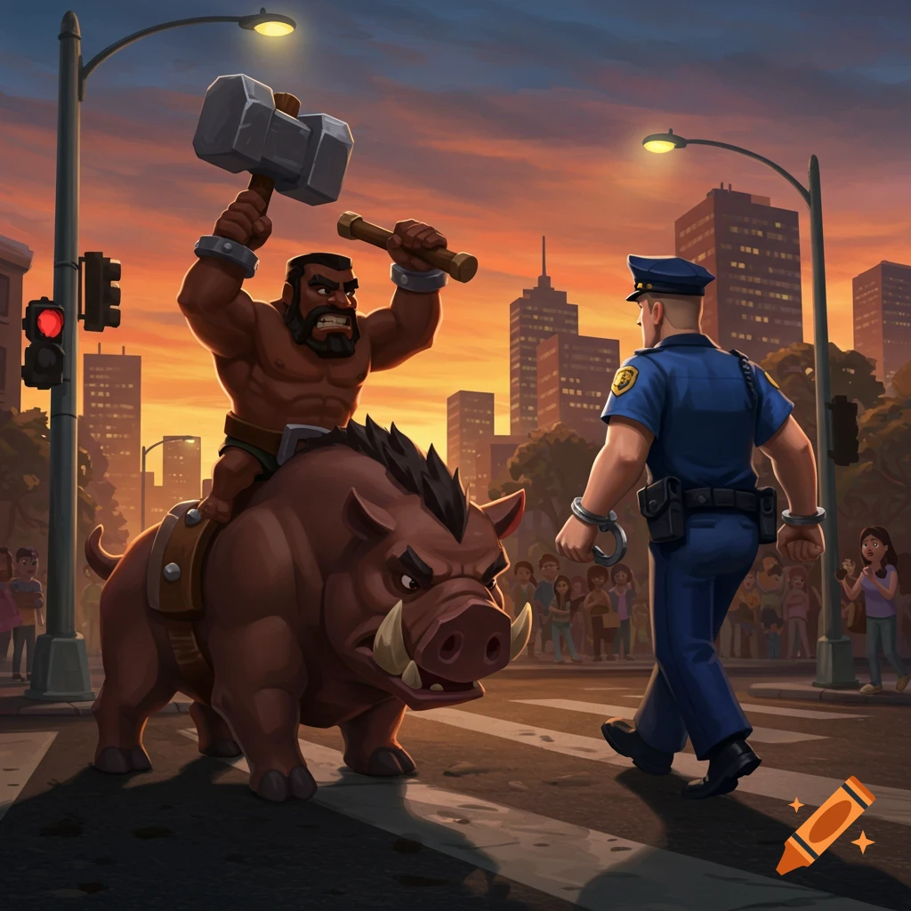 A dark-skinned man riding a hog raises a hammer at a police officer in a cartoon city street at sunset.