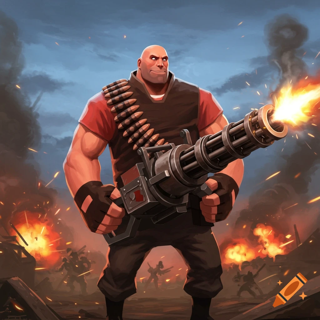 A muscular, bald man in a red shirt fires a large minigun on a stylized battlefield with explosions and smoke.