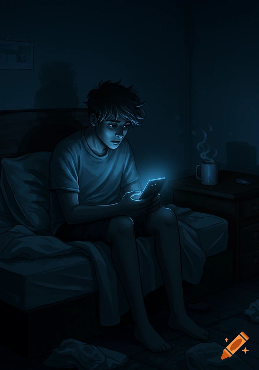 A boy sits in a dark bedroom at night, illuminated only by the blue glow of his phone, looking tired and confused.