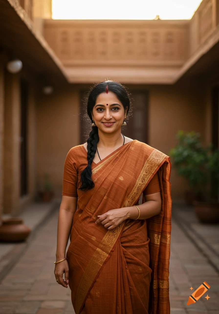 Photorealistic portrait of a smiling Indian woman in a brown cotton saree, with a bindi and braided hair, standing in a traditional hallway.