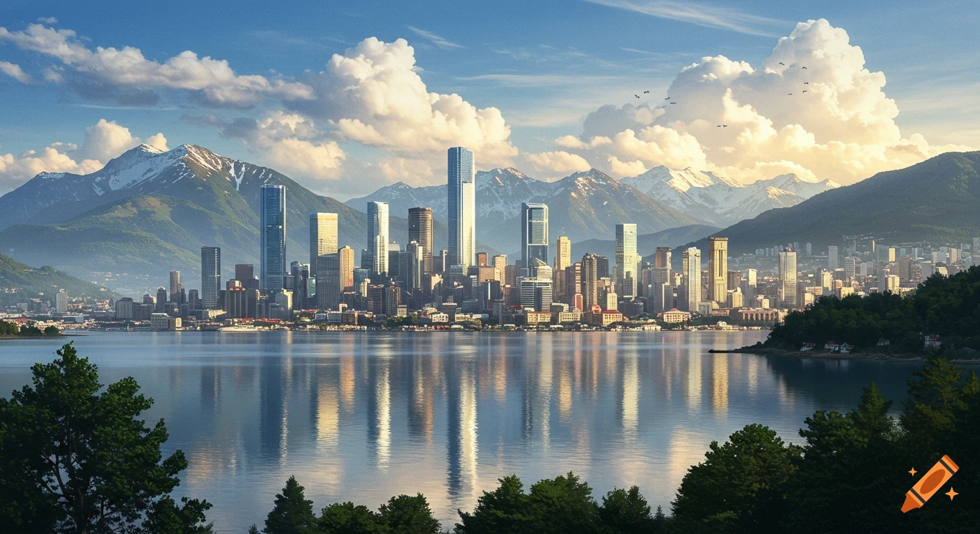 Photorealistic cityscape with gleaming skyscrapers reflected in a calm bay, backed by snow-capped mountains under a cloudy sky.