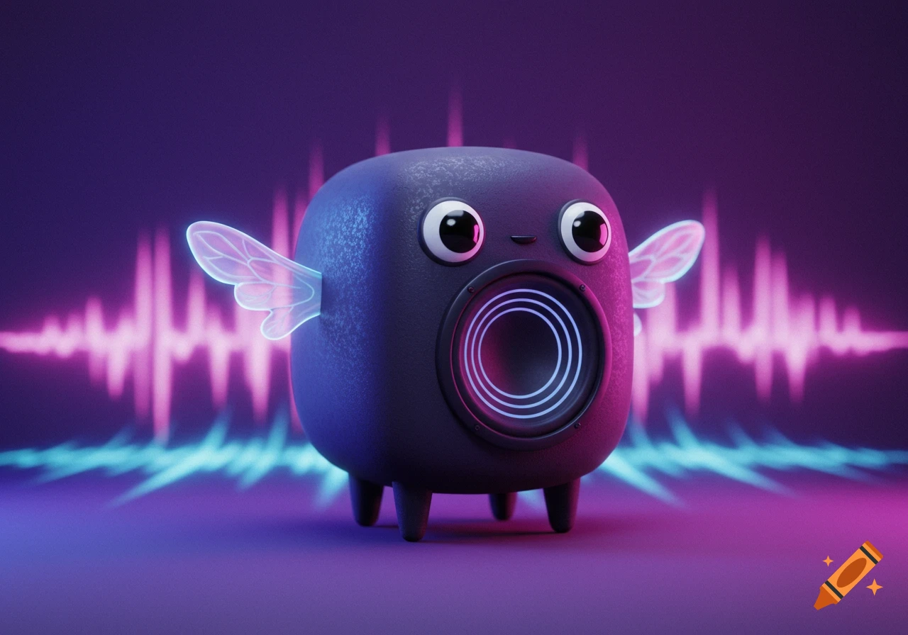 A cute, round, black sentient subwoofer with glowing wings and big eyes, and a speaker as its mouth, against a purple and blue background with sound waves.