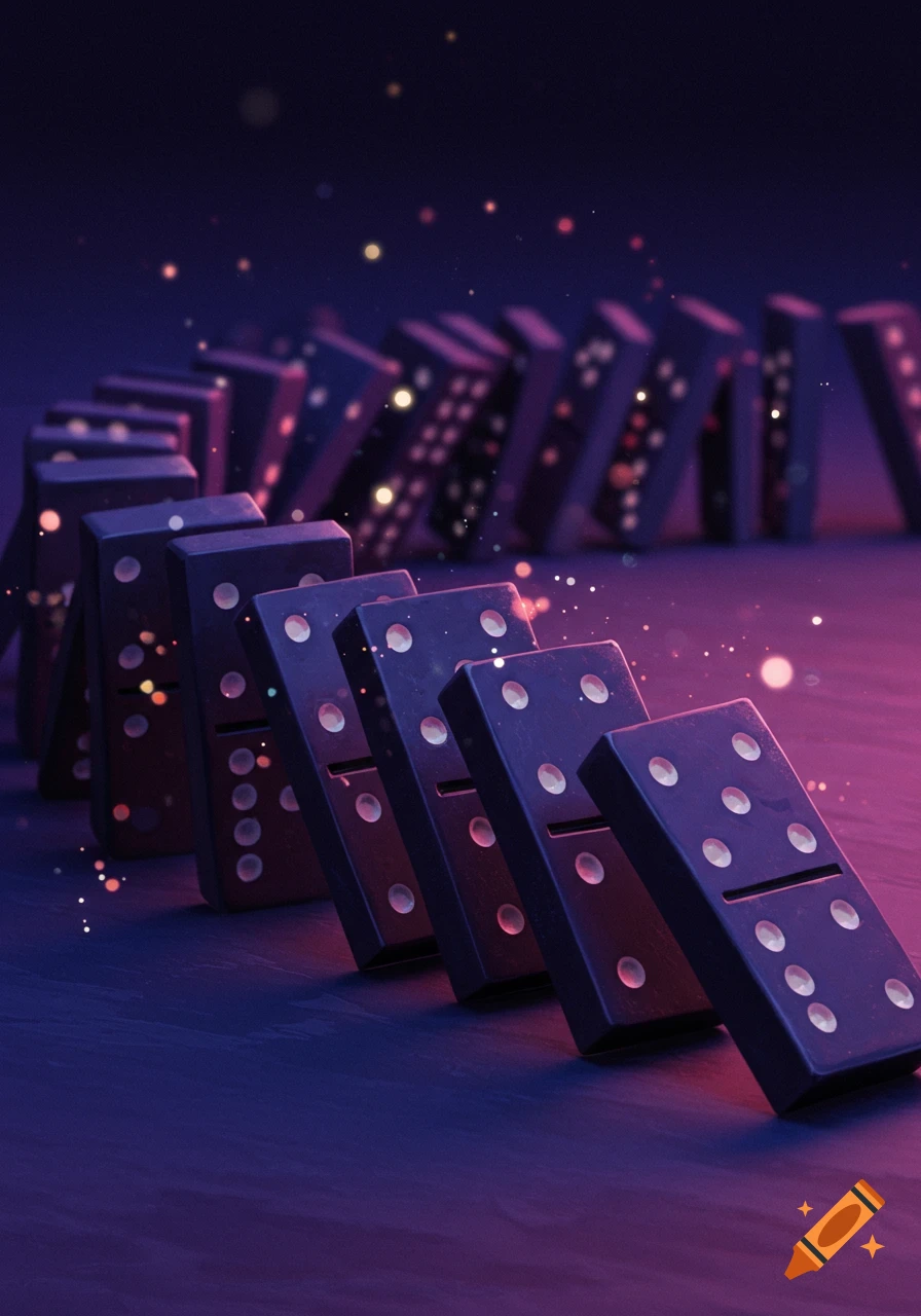Dark dominoes stand in a curving line on a surface, illuminated by purple and pink light with sparkling particles around them.