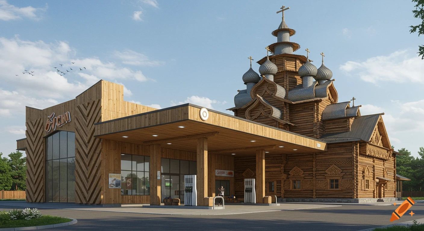 A gas station with a modern wooden facade on the left and a traditional Russian wooden church-like structure on the right, under a clear sky.