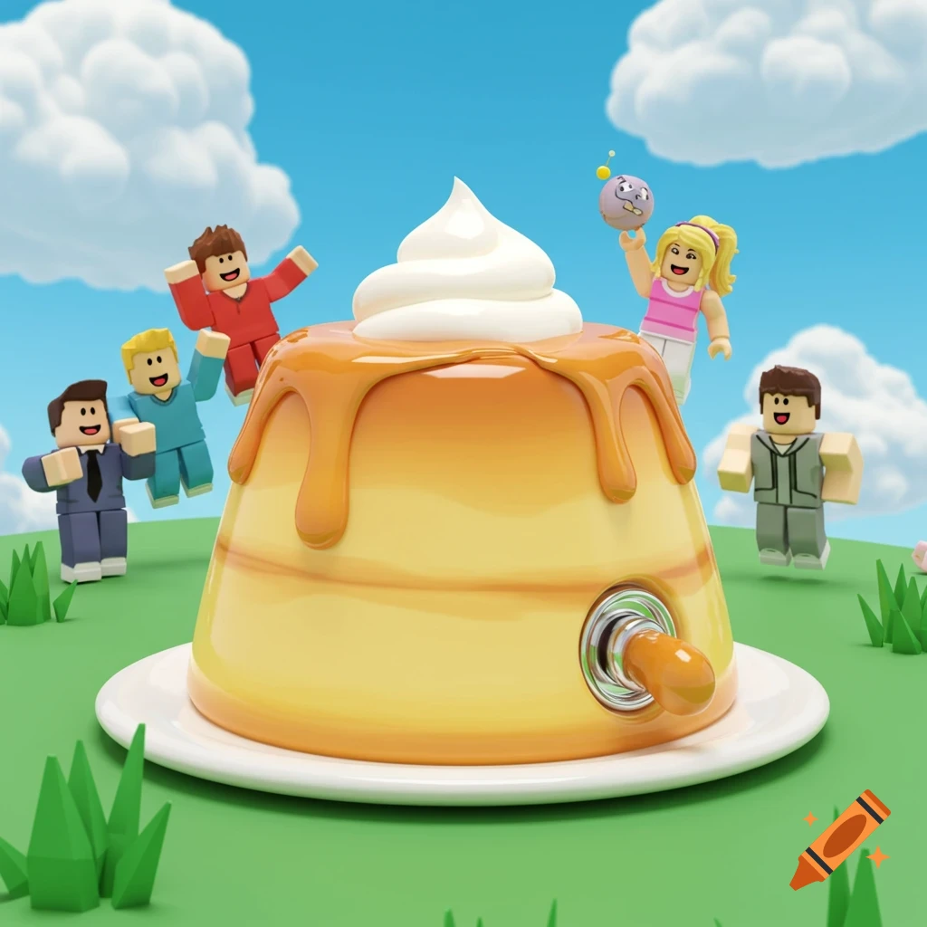 Roblox-style characters play around a giant pudding-shaped fidget clicker in a grassy field with a blue sky.