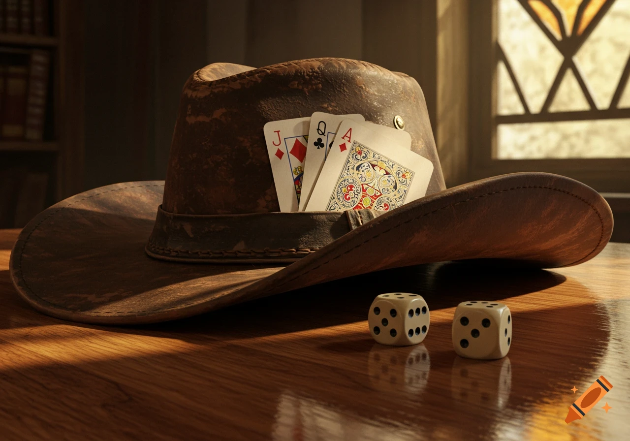 A weathered cowboy hat on a wooden table holds three playing cards, with two dice resting next to it, bathed in sunlight.