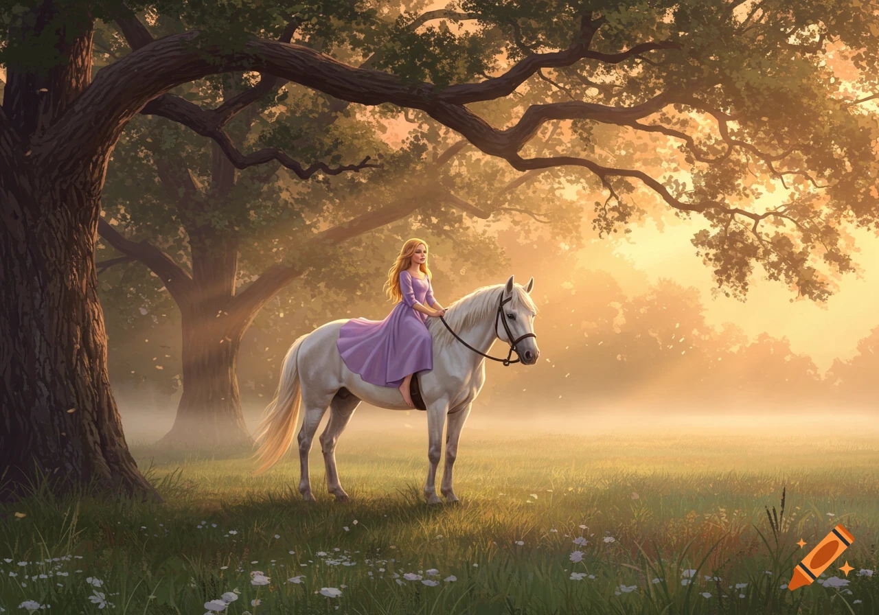 A blonde girl in a purple dress rides a white horse through a misty, sun-drenched forest clearing.