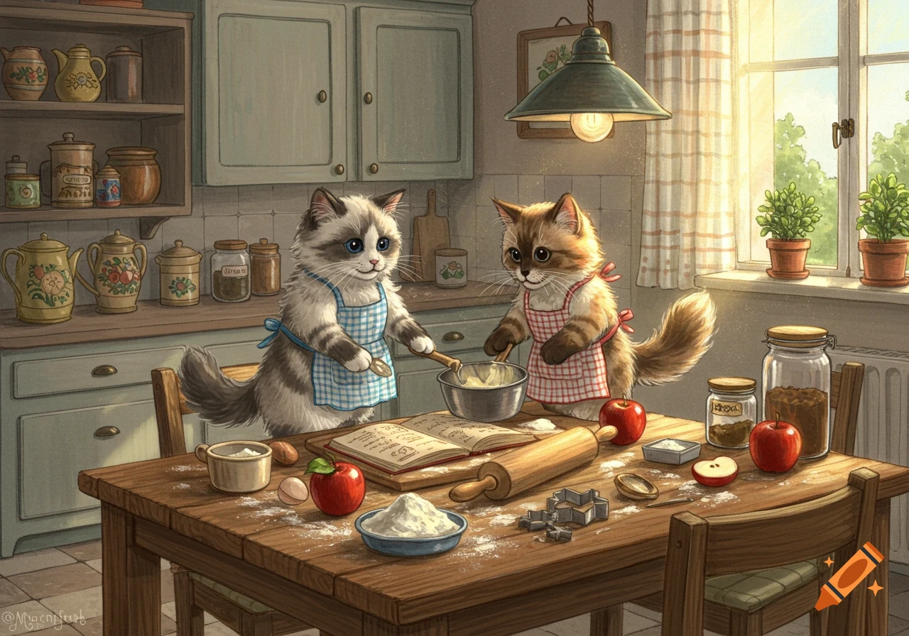 Two fluffy cartoon cats, a Ragdoll and a Maine Coon mix, wearing aprons and baking together in a cozy kitchen filled with sunlight.