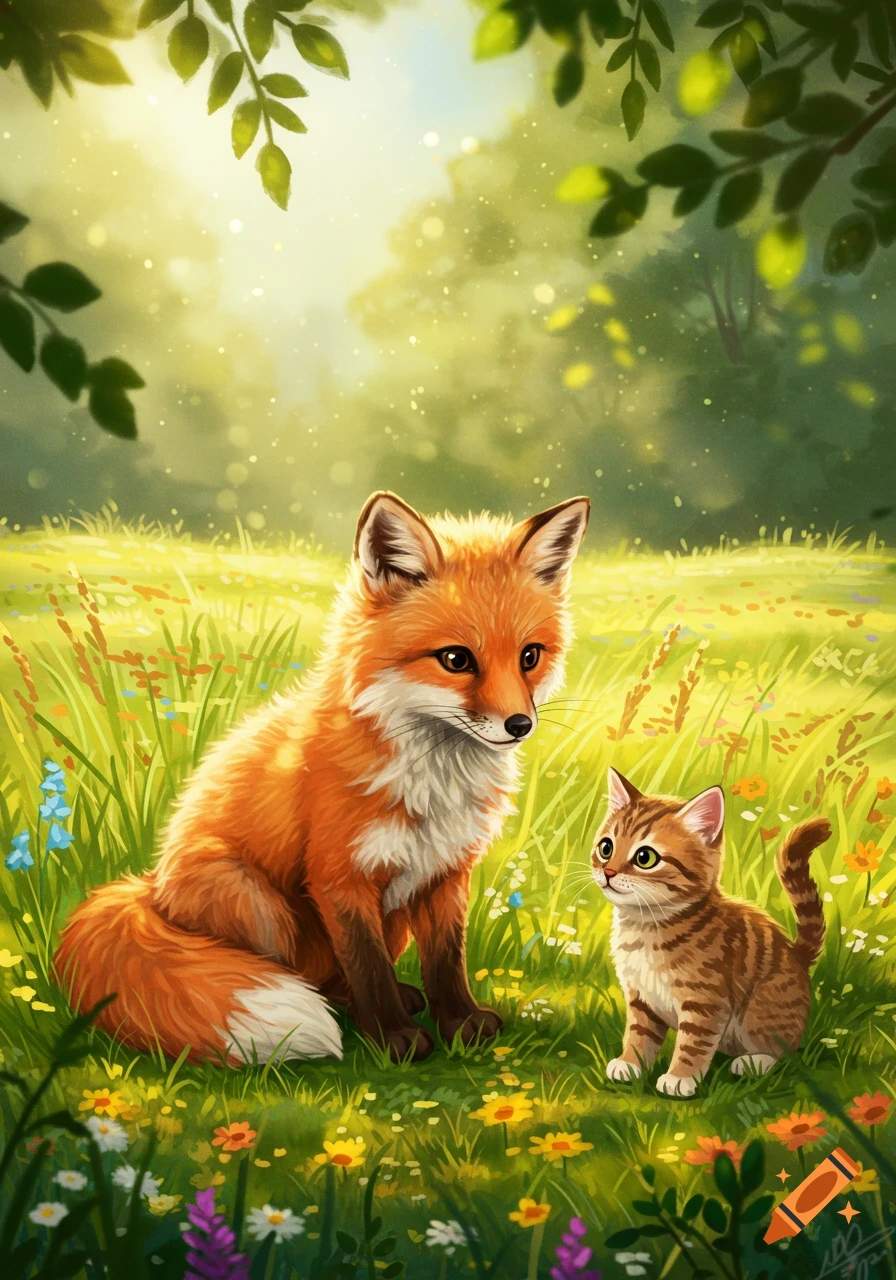 A cute orange fox and a tabby kitten sit together in a sunny, flower-filled green meadow in a whimsical illustration.