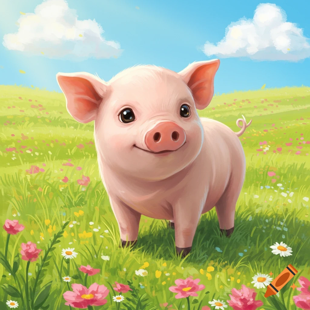 A cute pink pig stands smiling in a vibrant green meadow filled with colorful wildflowers, a cartoon illustration.