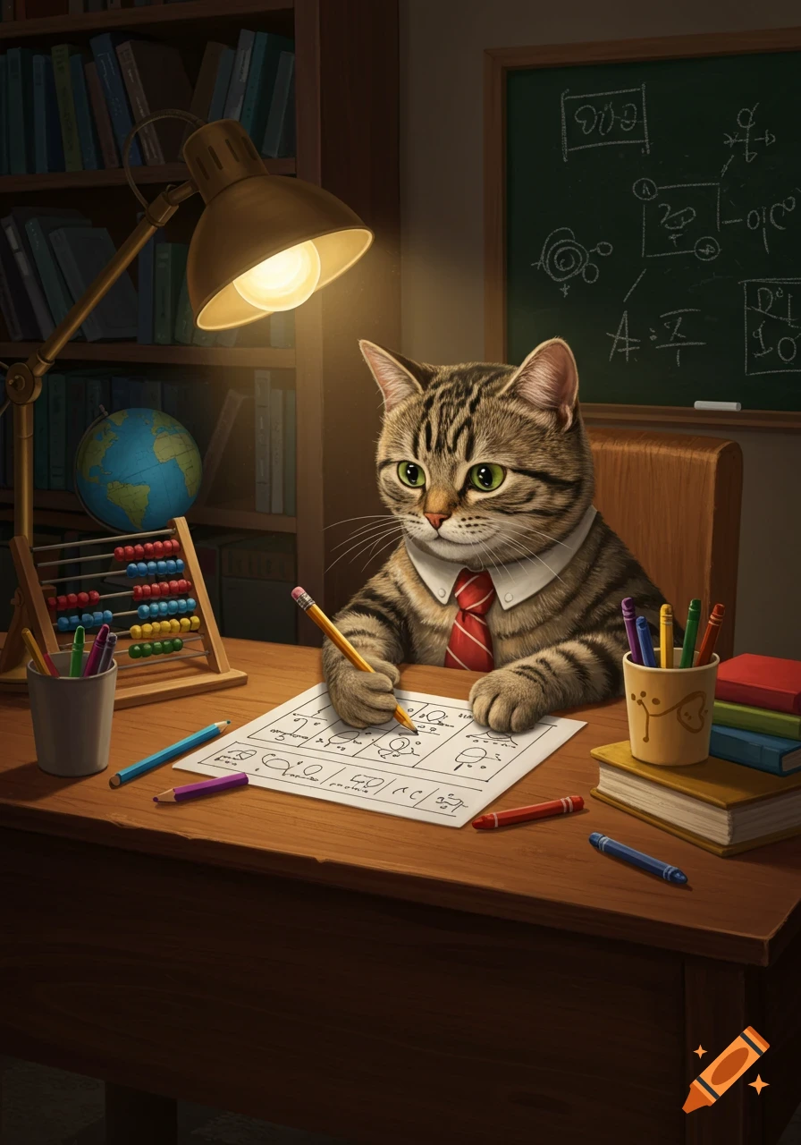 A tabby cat wearing a tie sits at a desk under a lamp, writing on a paper with a pencil, surrounded by school supplies.