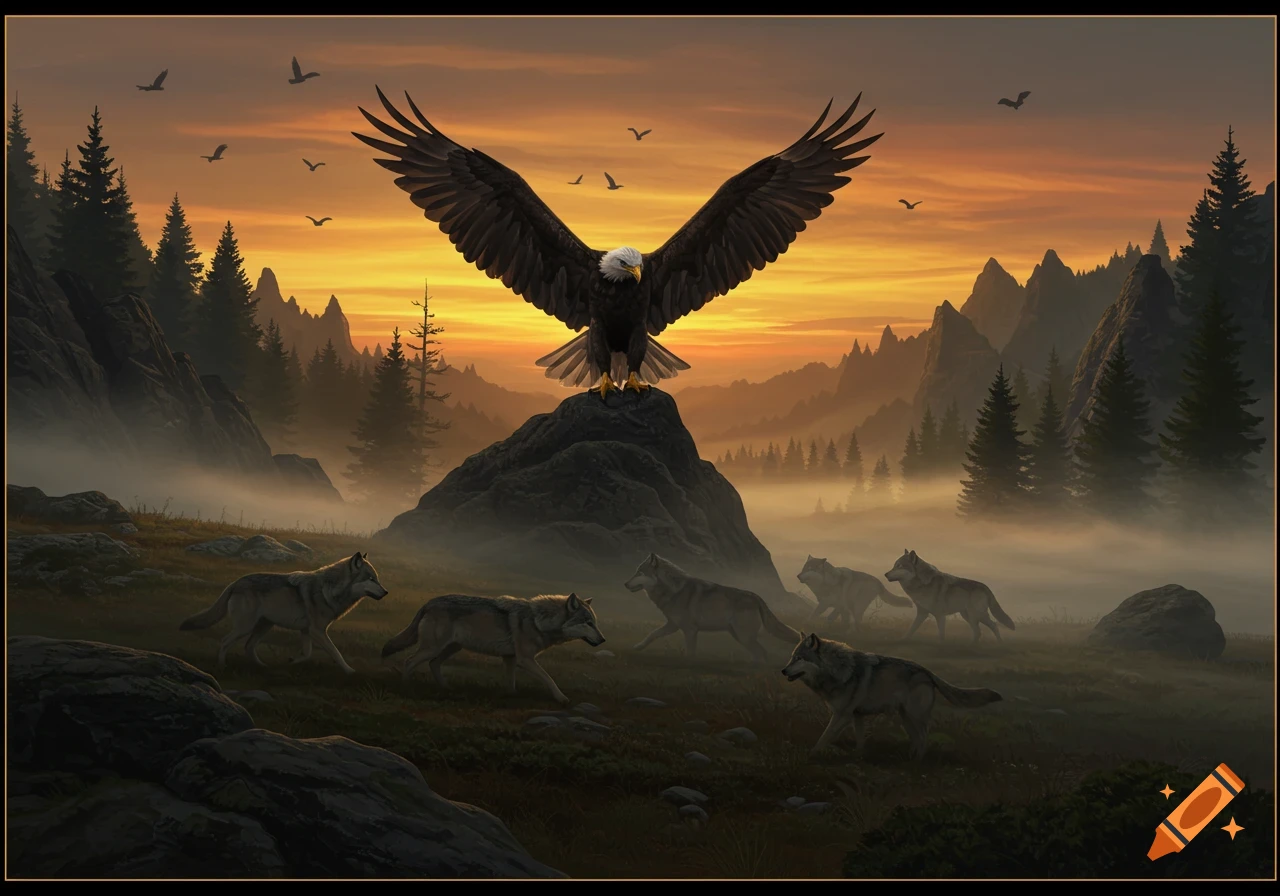 A bald eagle with wings spread perched on a rock, watching a pack of wolves walk through a misty forest at sunset.