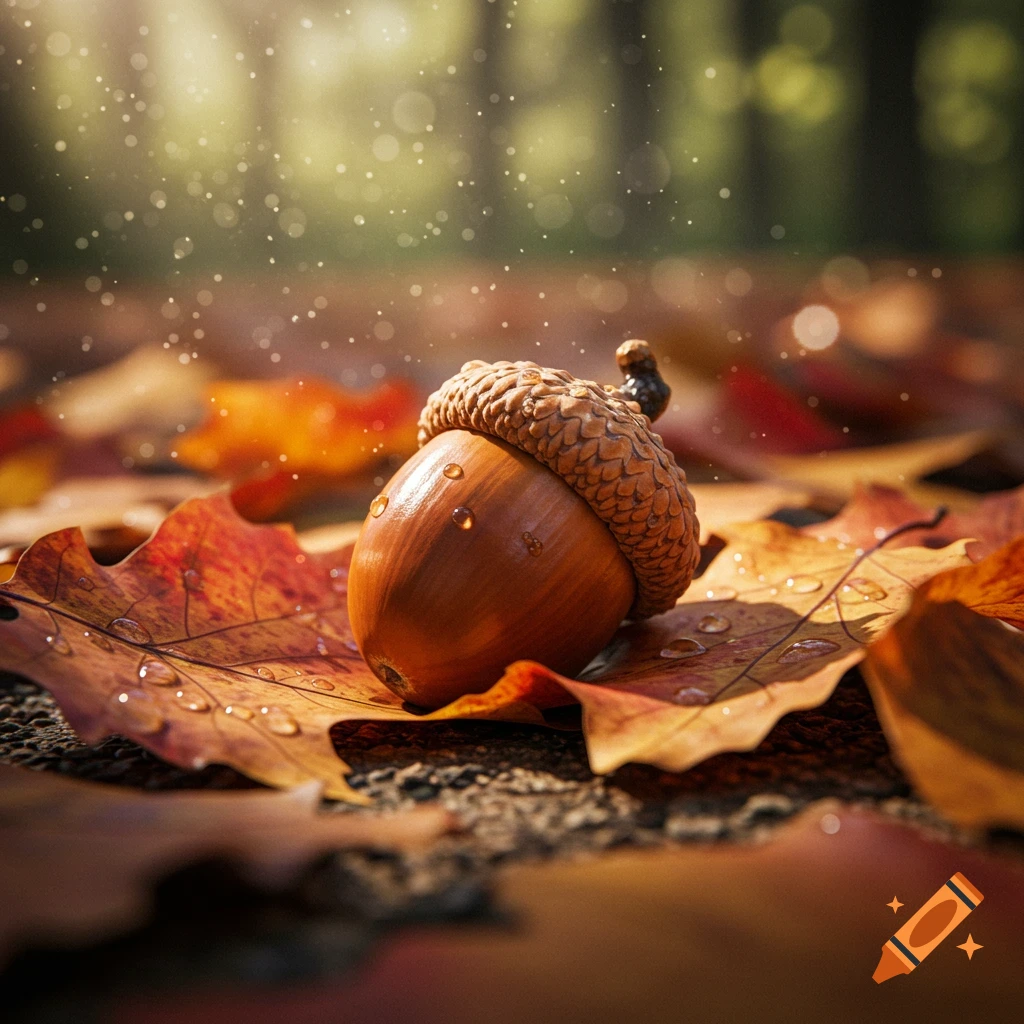 A photorealistic close-up of a single acorn with water droplets, resting on wet, vibrant autumn leaves in a forest.