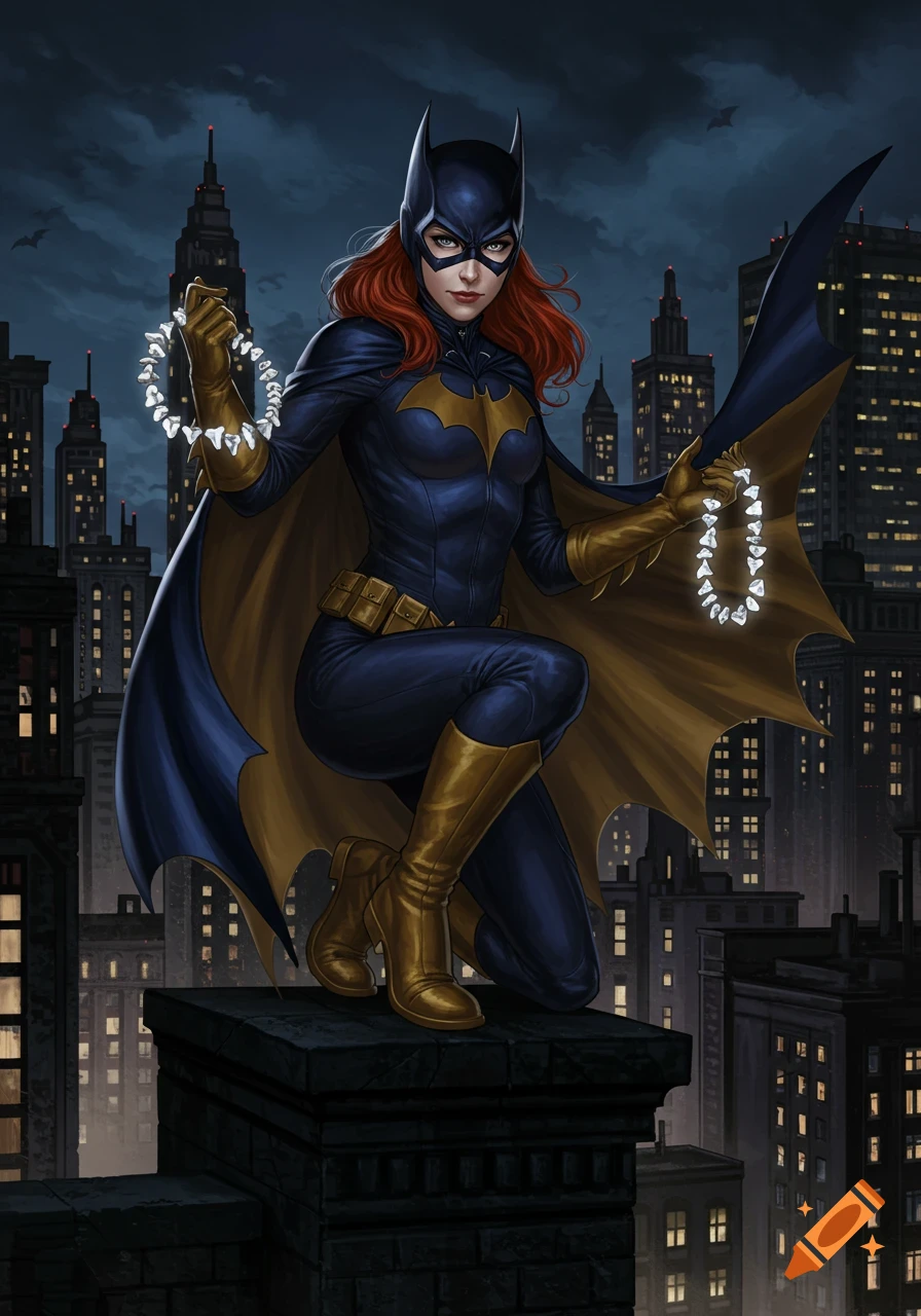 Batgirl in a blue and gold suit with red hair, kneeling on a Gotham City rooftop, holding glowing tooth-like objects at night.