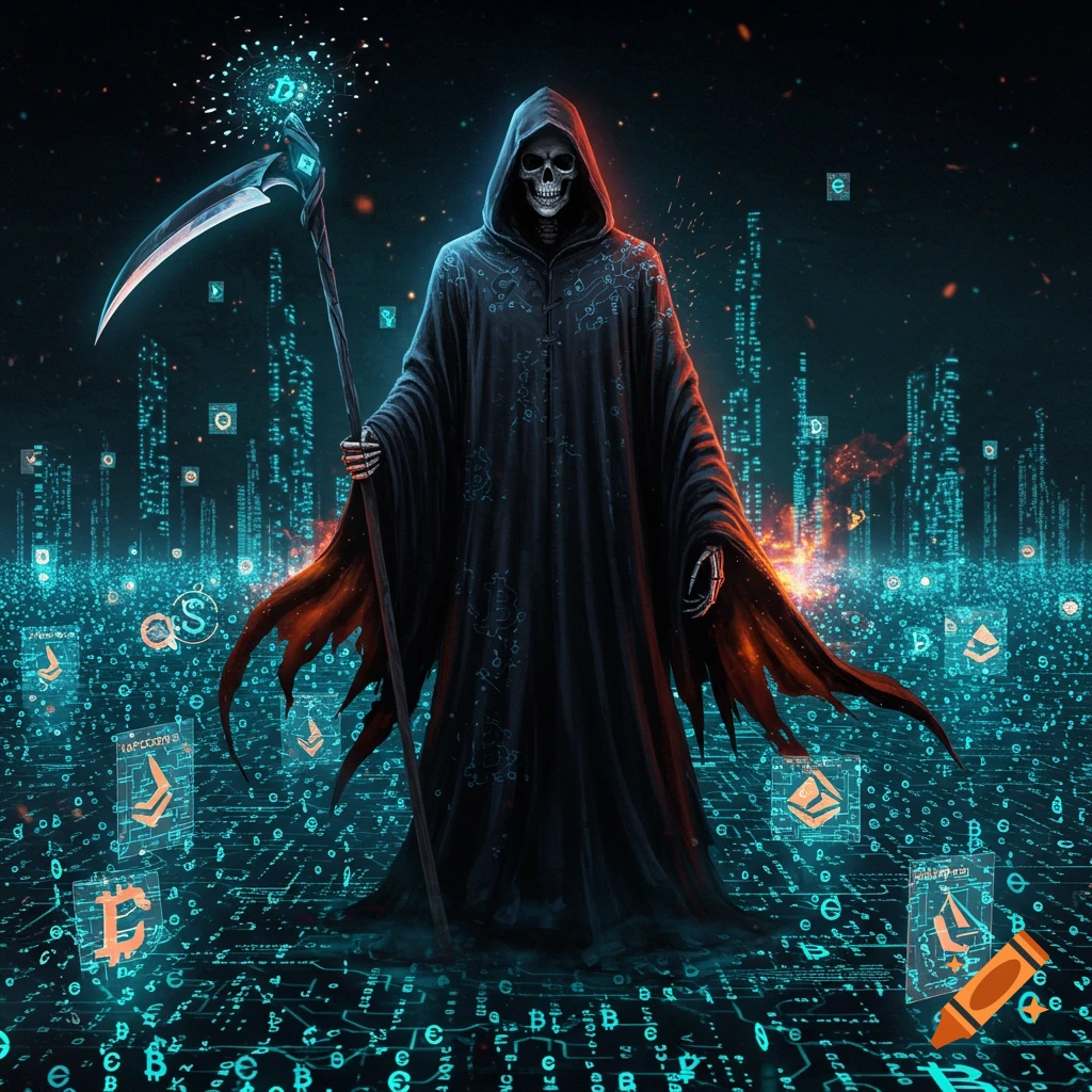 A grim reaper in a dark hooded robe holds a scythe, standing on a digital circuit board floor with glowing crypto symbols, a neon city in the background.