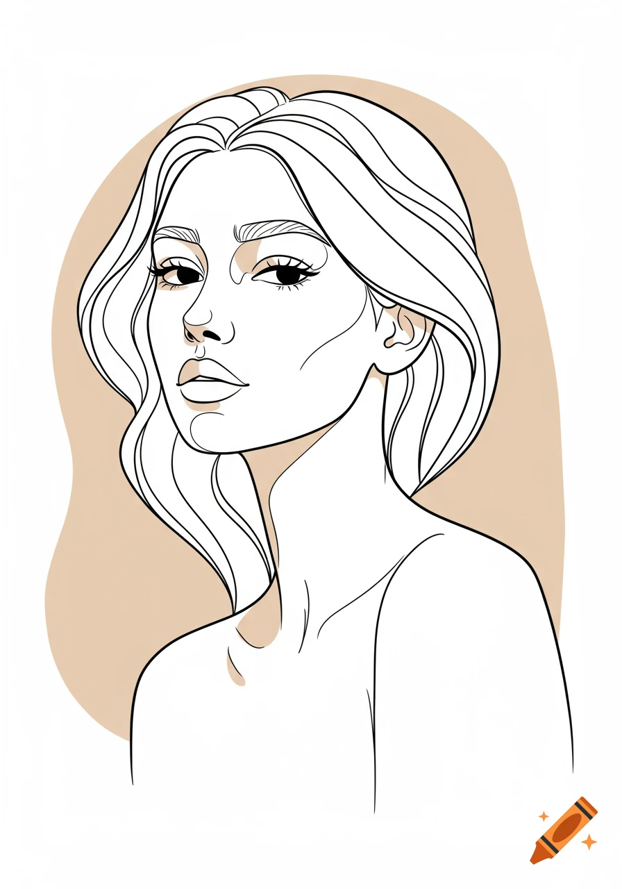 Line art illustration of a woman's face and upper torso against a beige background.