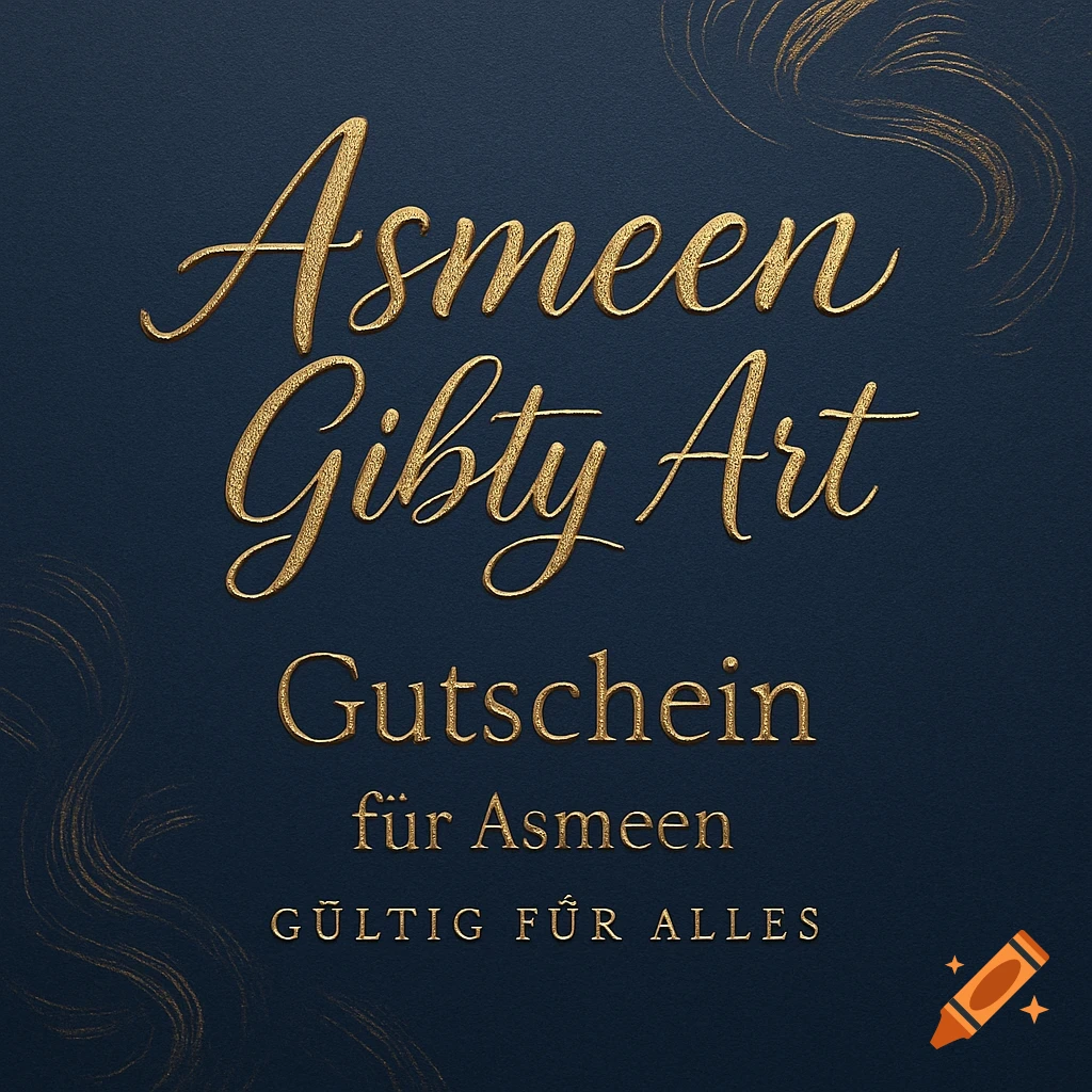 A dark blue voucher with gold glitter text that reads 'Asmeen Gibty Art', 'Gutschein für Asmeen', and 'GÜLTIG FÜR ALLES' with decorative gold swirls.
