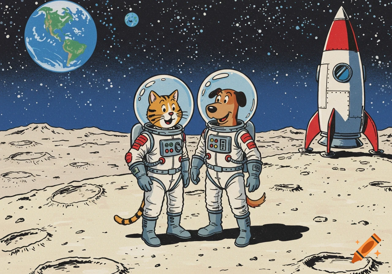 A cartoon cat and dog in astronaut suits stand on the moon next to a rocket, with Earth in the background, in a retro comic book style.