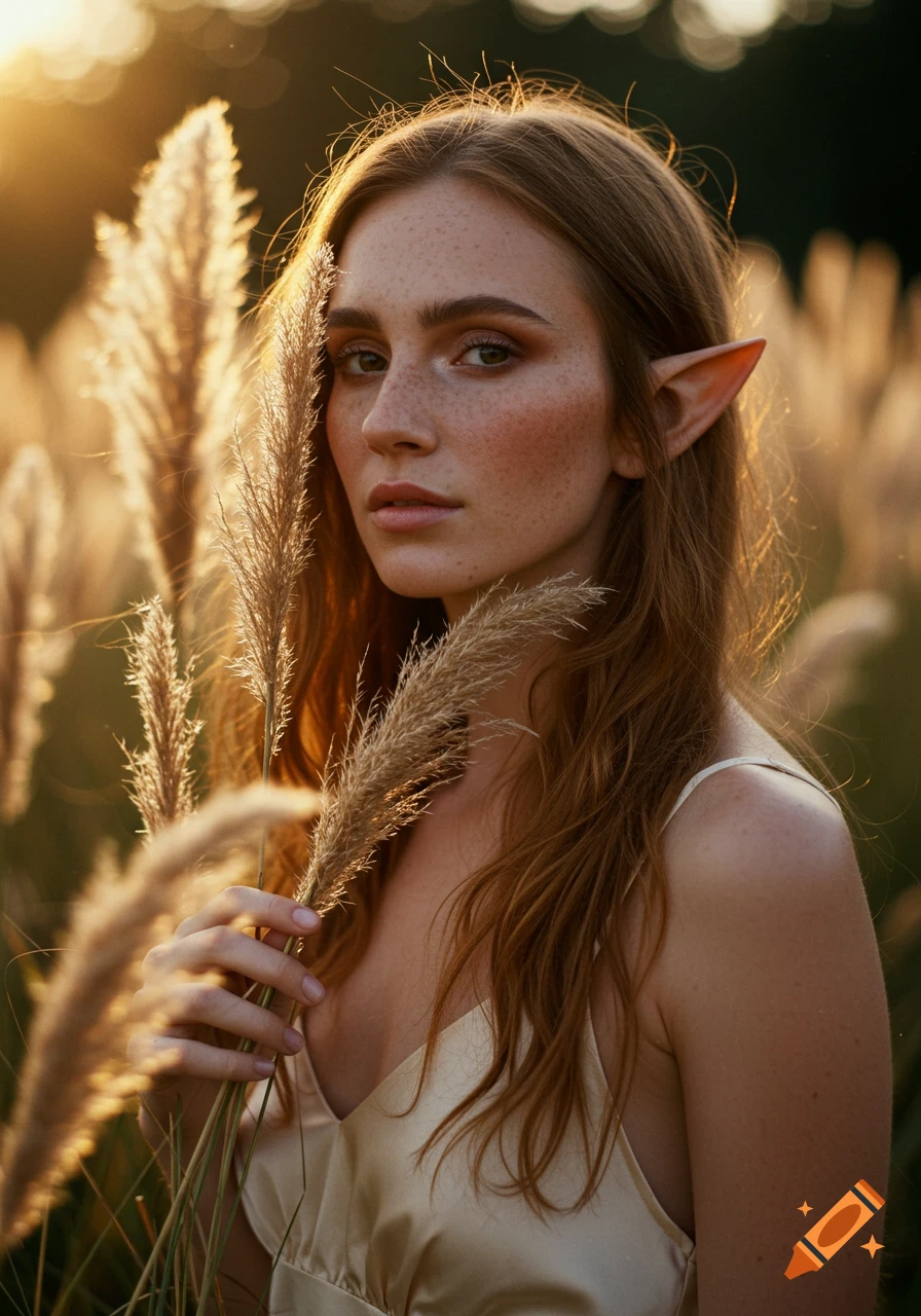 Close-up portrait of an elven woman with long hair and freckles, wearing a slip dress, standing in sunlit pampas grass at sunset.