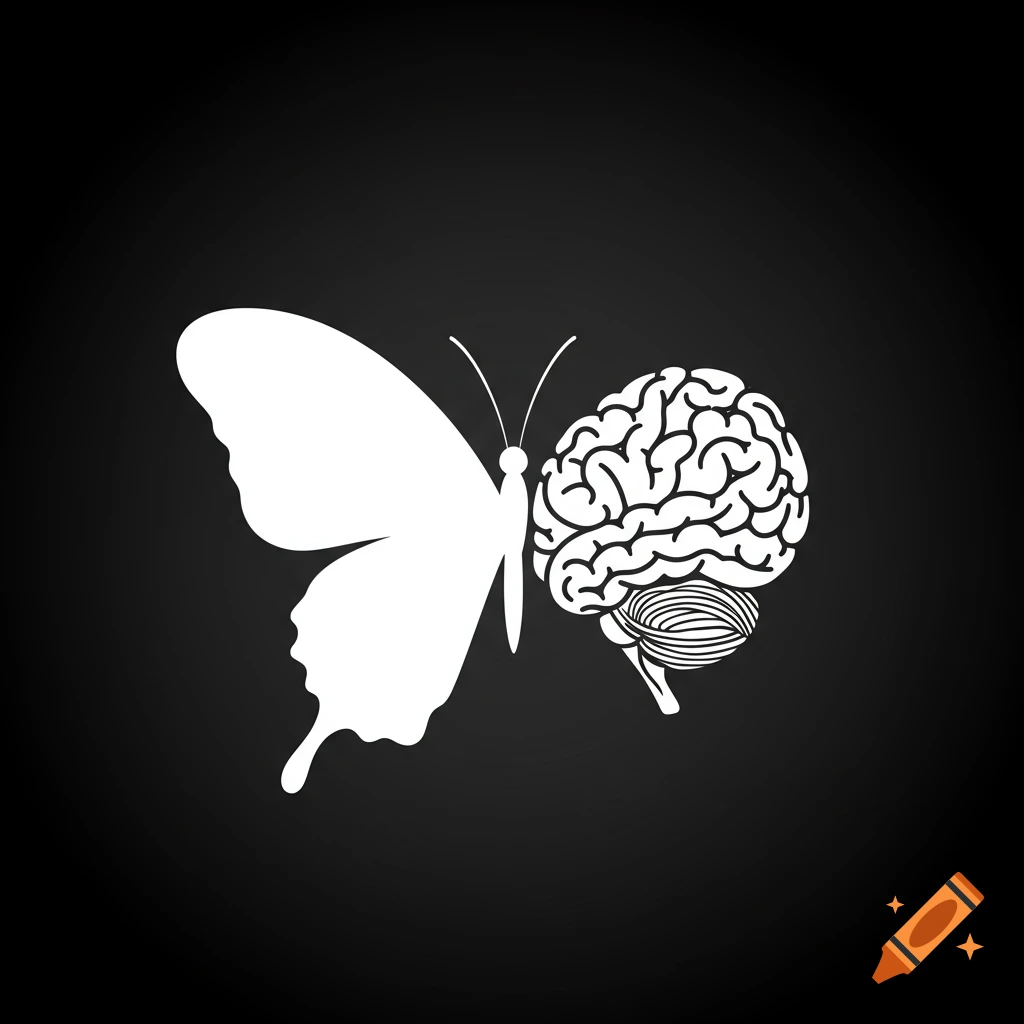 White simplified monochrome illustration of a butterfly with one side depicted as a human brain.
