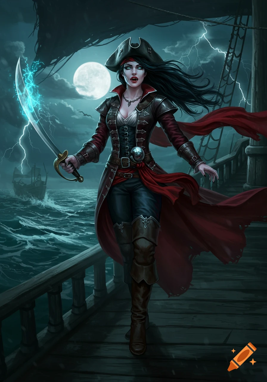 A female vampire pirate with fangs, holding a glowing sword on a ship deck during a stormy, moonlit night.