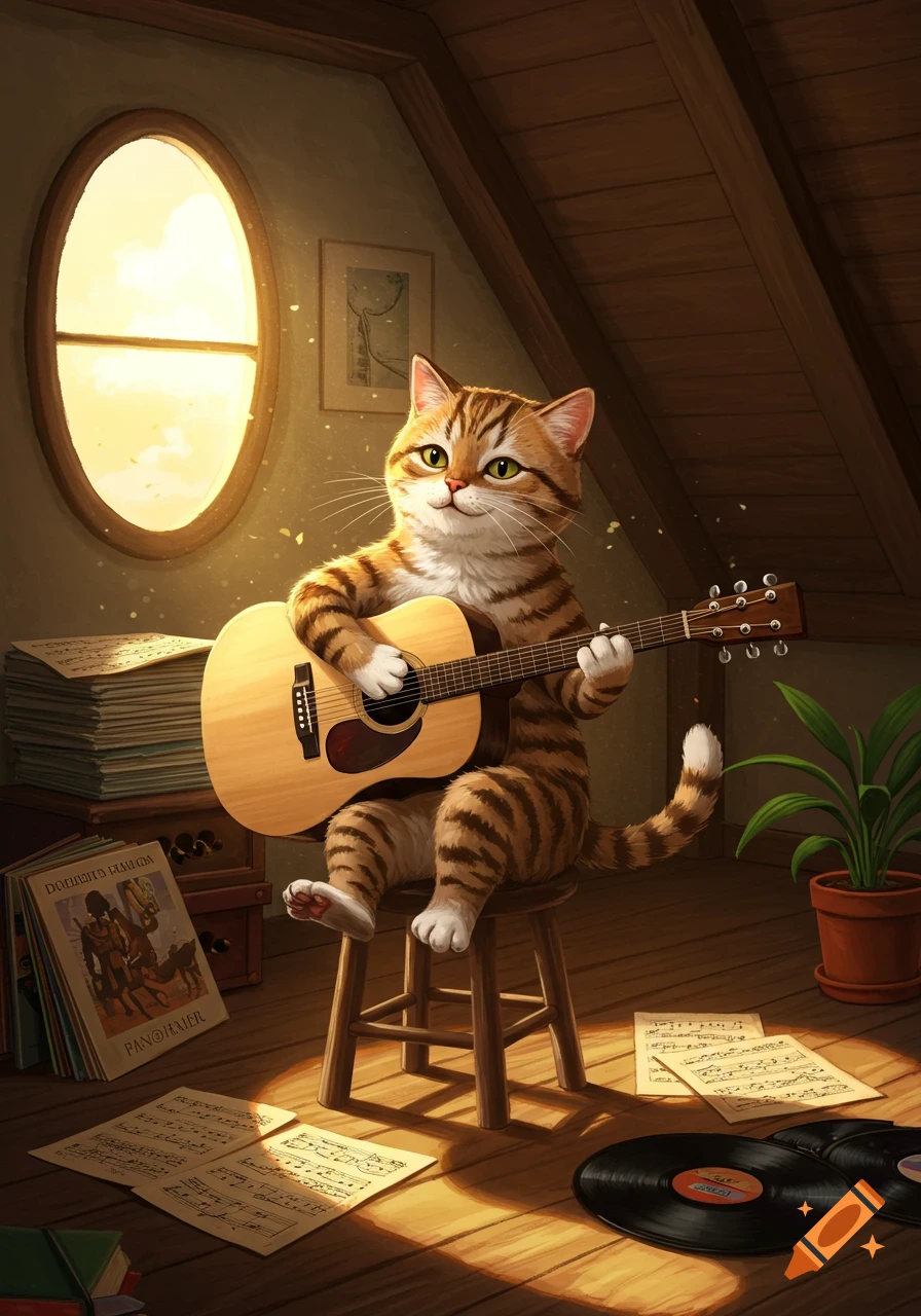 A charming cartoon tabby cat plays an acoustic guitar in a cozy attic room, bathed in warm sunlight.