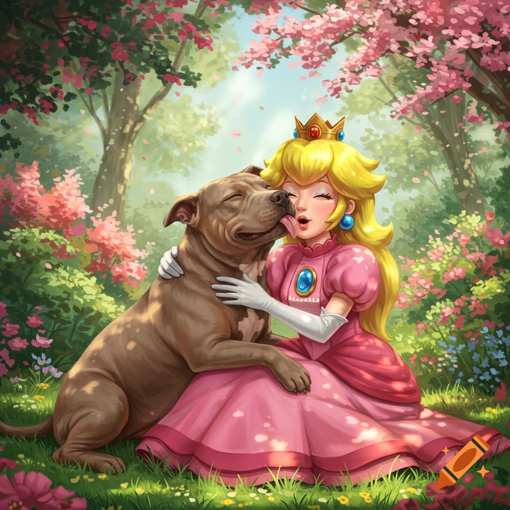 Princess Peach hugs a brown pitbull as it licks her face in a vibrant, flowery garden.