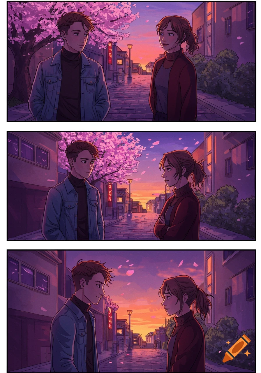 A three-panel anime comic strip of two young people in a street with cherry blossoms and a sunset sky, looking at each other.
