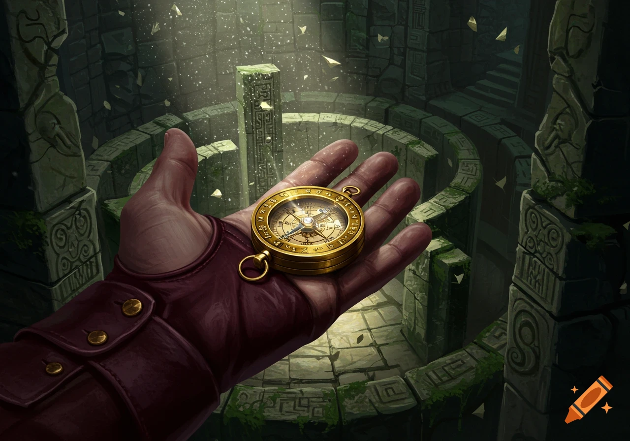 A hand in a red sleeve holds an ornate golden compass, illuminated by a light beam in a stone labyrinth, fantasy art.